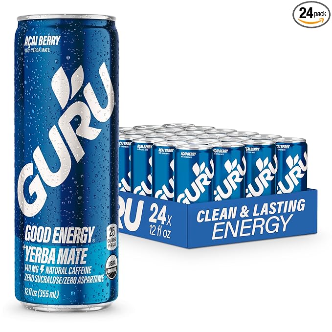 GURU Yerba Mate Organic Energy Drinks, Clean Energy Drink with Plant Based Natural Caffeine from
