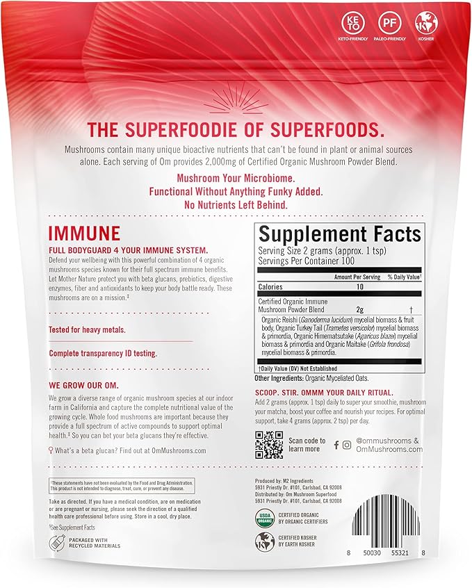 OM MUSHROOM SUPERFOOD Immune Blend Mushroom Powder Superfood Supplement, 7.05 Ounce Pouch, 100