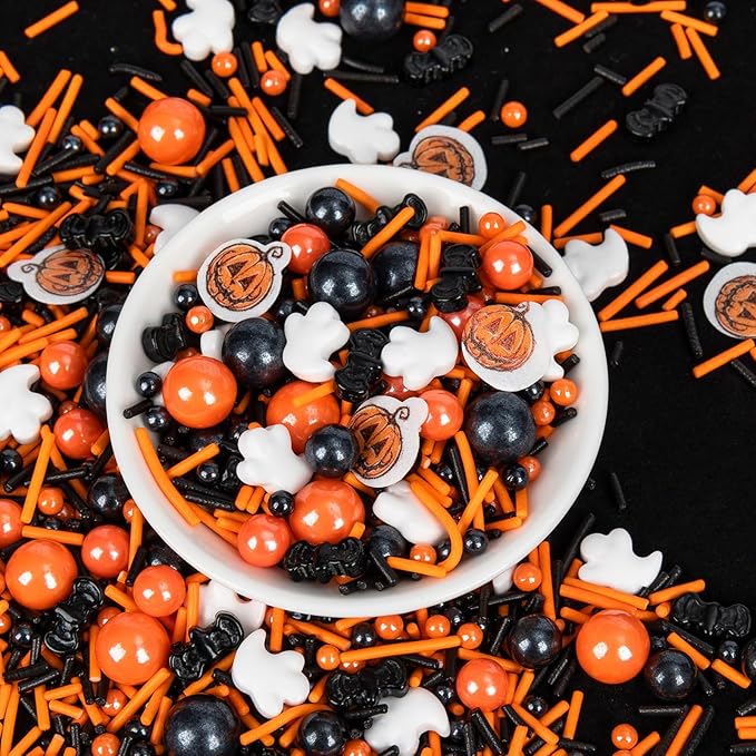 Edible Halloween Pumpkin Sprinkles,Orange Pearls Mix White Ghost,130g/4.58oz,Black Bat