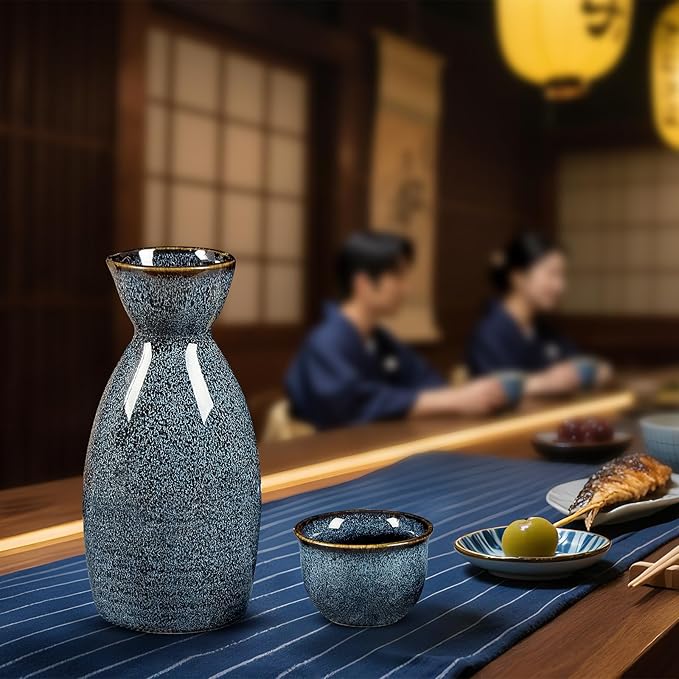 DUJUST 5 pcs Japanese Sake Set, Kiln Altered Glaze Porcelain Sake Set, 1 Bottle, 4 Cups & 1 Gift