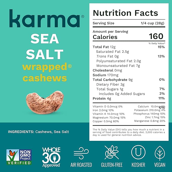 Sea Salt Wrapped Whole Cashews by Karma Nuts, Air Roasted with Natural Skins, 2X more Fiber, Whole