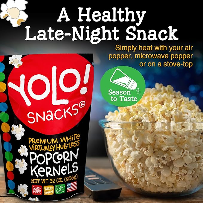 YOLO! Gourmet Virtually Hulless Popcorn Kernels, Premium White Butterfly Popping Corn, Non GMO