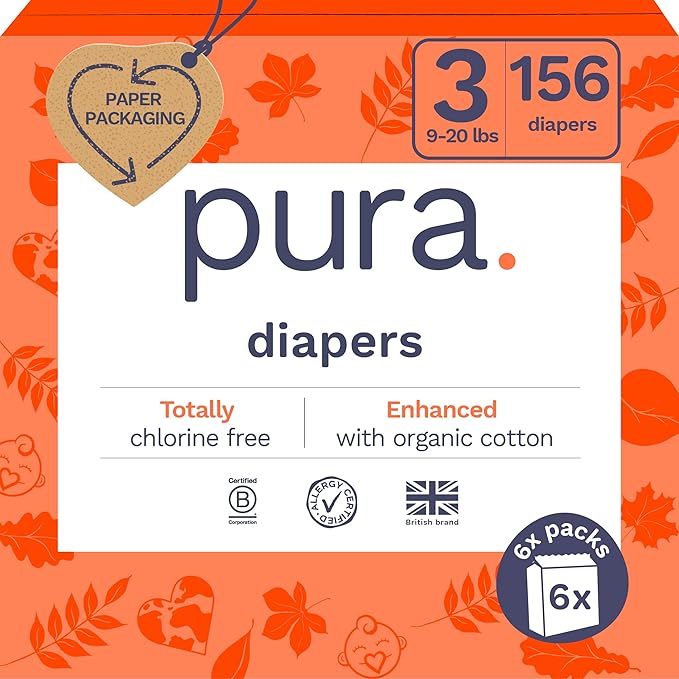 Pura Hypoallergenic Diapers, Size 3 (9-20 lbs) Monthly Pack, Overnight, up to 12 Hours Leak