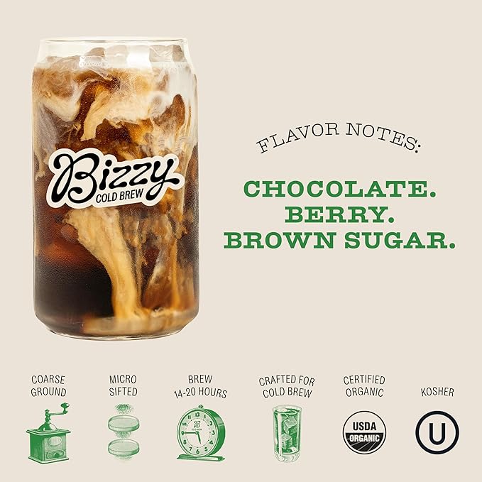 Bizzy Organic Cold Brew Coffee | Espresso Blend | Coarse Ground Coffee | Medium-Dark Roast | Micro