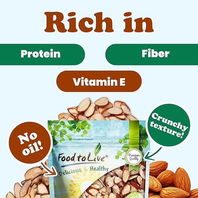 Food to Live Dry Roasted Natural Sliced Almonds with Himalayan Salt, 6 Ounces – Unblanched Nuts