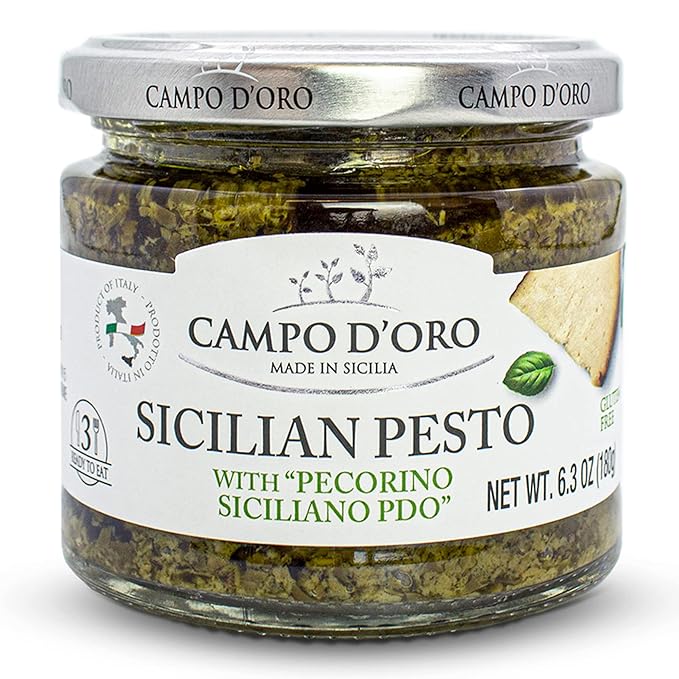 CAMPO D'ORO - Basil Pesto with Pecorino, Sicilian Creamy Pesto Recipe. Net Wt 6.35 oz (180g)