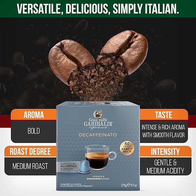 Gran Caffè Garibaldi Decaffeinated Espresso Pods, Italian Roasted Coffee, Decaf Capsules Compatible