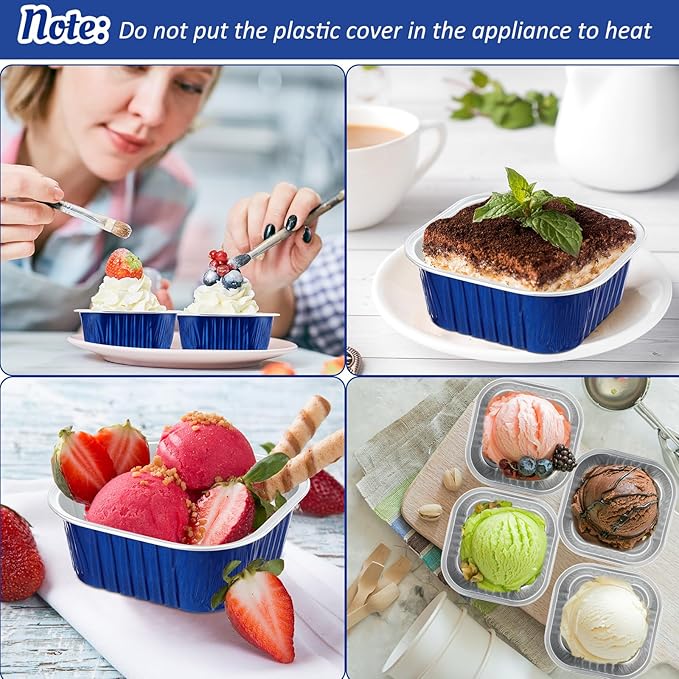 Aoriher 150 Pieces 10 oz Mini Cake Pans with Lids Aluminum Foil Baking Cups Square Disposable 4" x