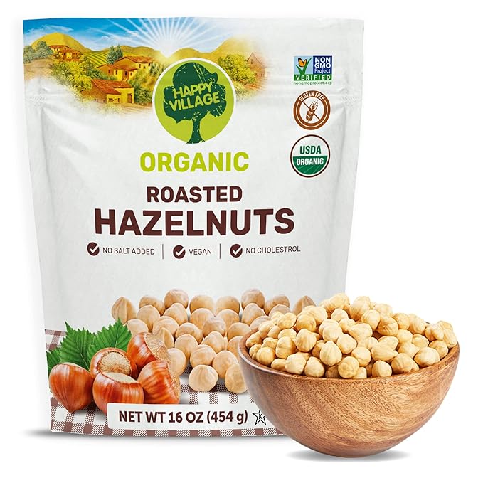 Happy Village Organic Roasted Hazelnuts, 16 OZ Resealable Bag, Roasted and Unsalted, USDA Organic