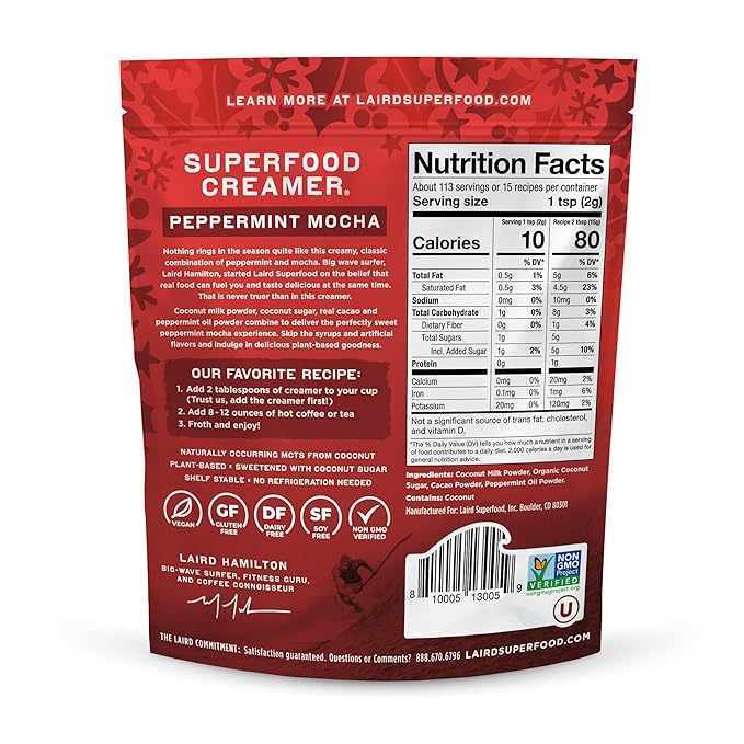 Laird Superfood Non-Dairy Original Superfood Peppermint Mocha Coconut Powder Coffee Creamer, Gluten