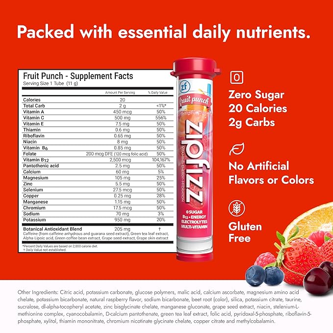 Zipfizz Daily Energy Drink Powder, Fruit Punch, 20 Pack 3-in-1 Sustained Energy, Rapid Hydration
