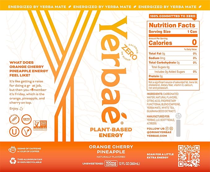 Yerbaé Energy Seltzer - Orange Cherry Pineapple No Sugar/Calories/Carbs. Energized by Yerba Mate
