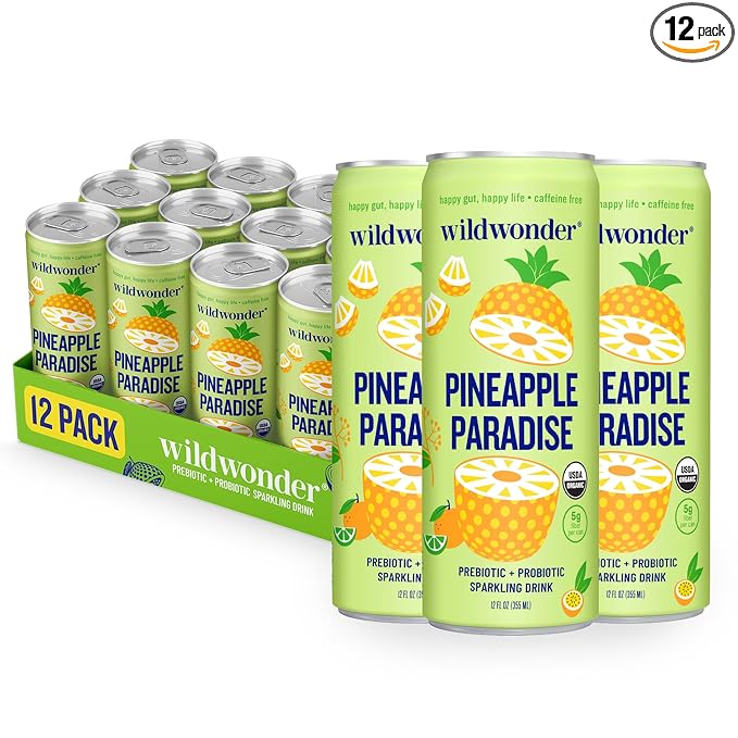 wildwonder Sparkling Probiotic Drink 12pk, For Gut Health & Immune Support, Pineapple Paradise, 5g