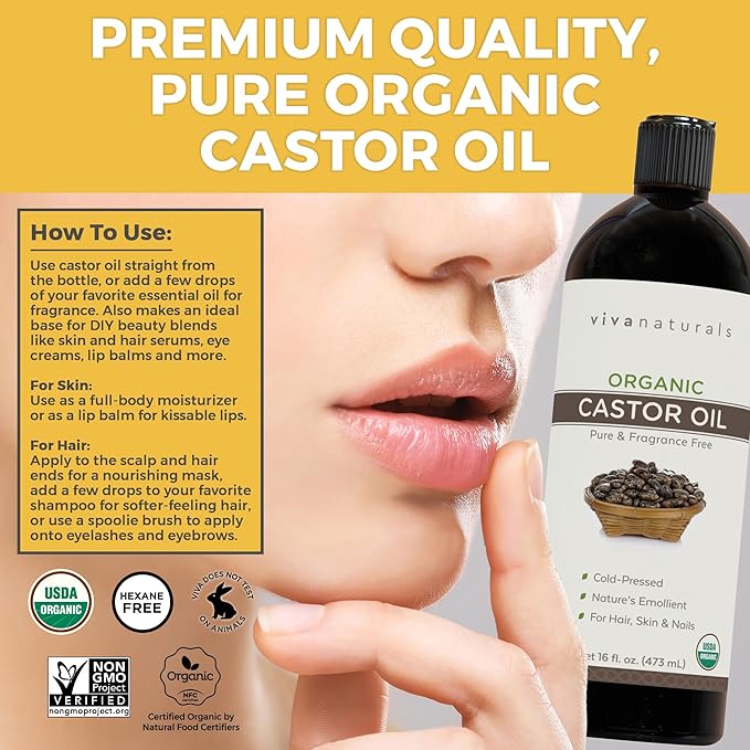Viva Naturals Cold pressed Organic Castor Oil 16 fl oz - Castor Oil for Face, Eyelashes