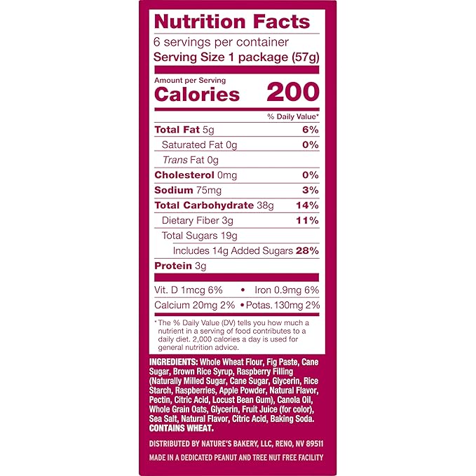 Nature?™s Bakery Whole Wheat Fig Bars, Raspberry, Real Fruit, Vegan, Non-GMO, Snack bar, 6 Count