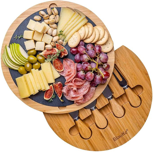 BlauKe Bamboo Cheese Board with Knife Set and Slate – 12 inch Round Charcuterie Board, Serving