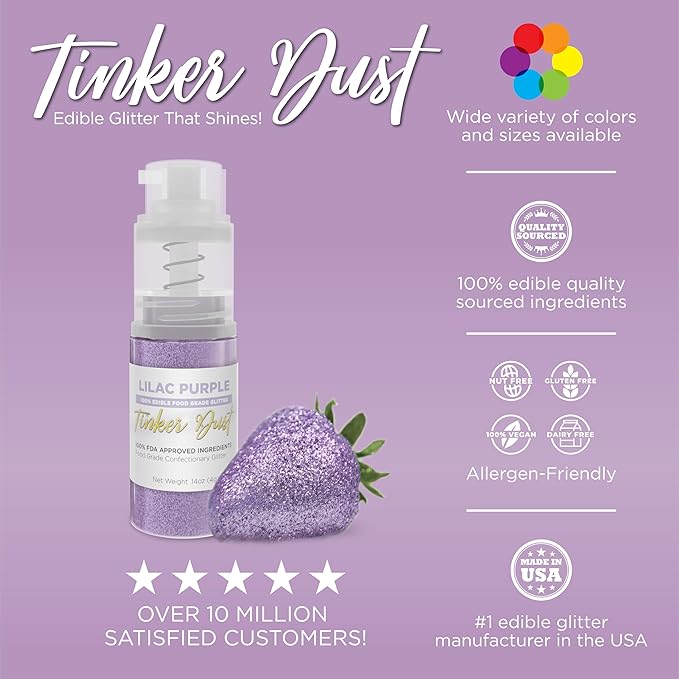 Bakell - Lilac Purple Tinker Dust (4g, 1x Mini Spray Pump) Edible Glitter for Food, Desserts, and