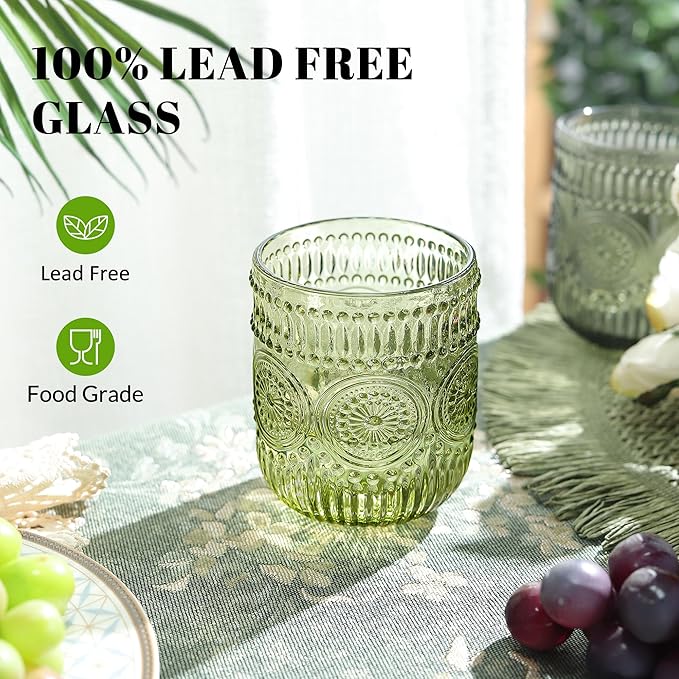 Joeyan Vintage Drinking Glasses Set of 4,9 oz Green Embossed Sunflower Small Water Glass Tumbler