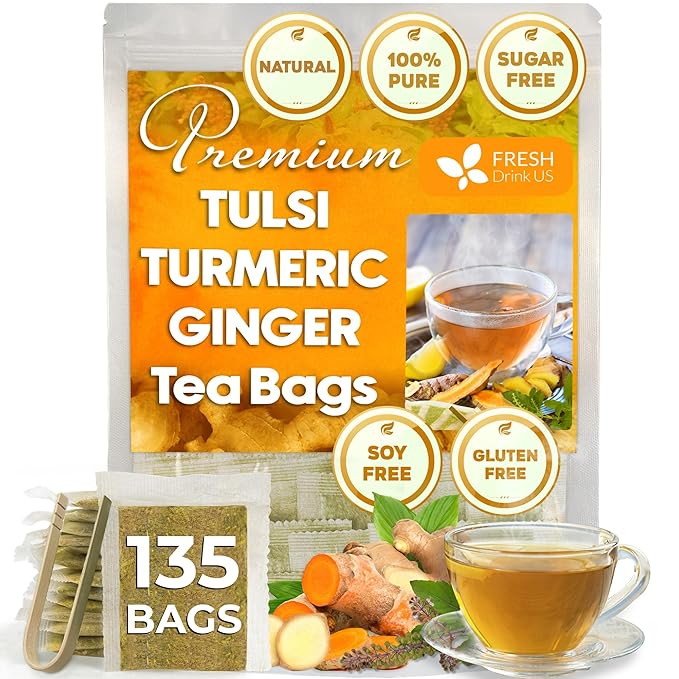 FreshDrinkUS, Premium 135 Tulsi Turmeric Ginger Tea Bags, 100% Natural & Pure from Tulsi Holy Basil