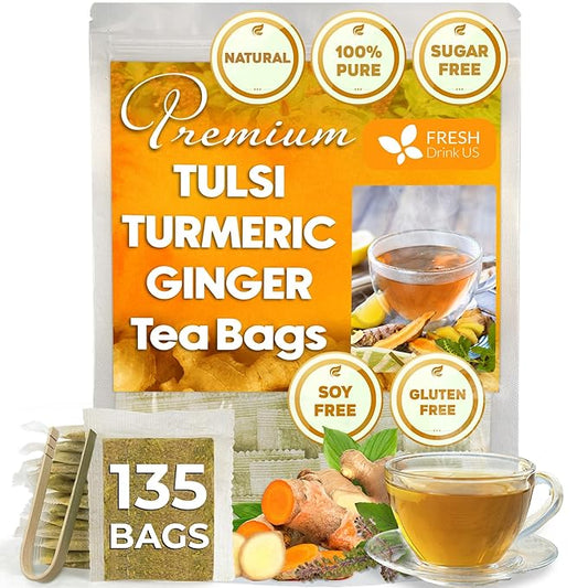FreshDrinkUS, Premium 135 Tulsi Turmeric Ginger Tea Bags, 100% Natural & Pure from Tulsi Holy Basil