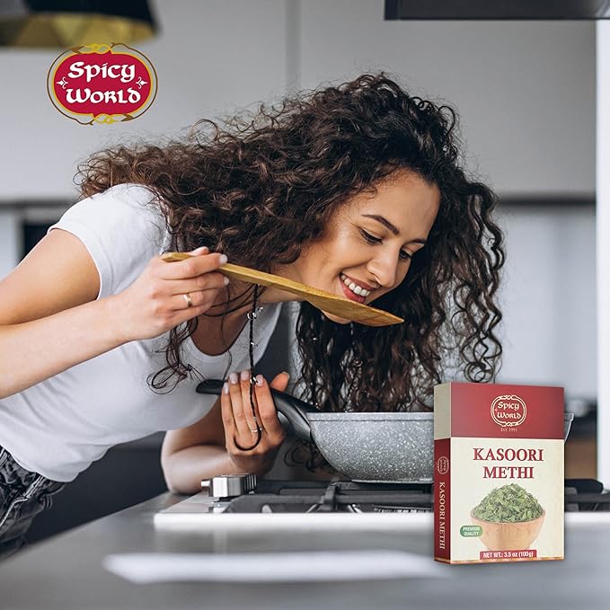 Spicy World Dried Fenugreek Leaves (Kasoori Methi) 3.5oz Box (100g) - All Natural | Vegan | Gluten