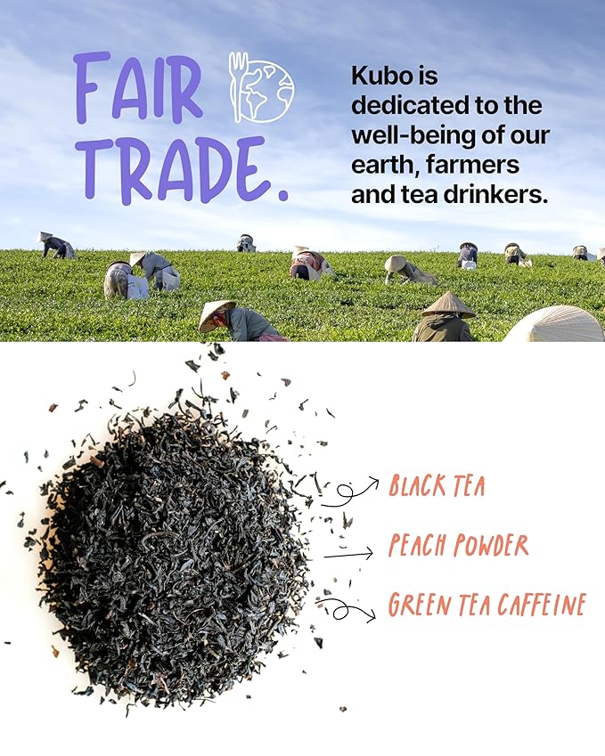 Kubo Tea Peach Mango Black Iced Tea - Organic Pillow Tea Bags - High Caffeine Coffee Alternative w/