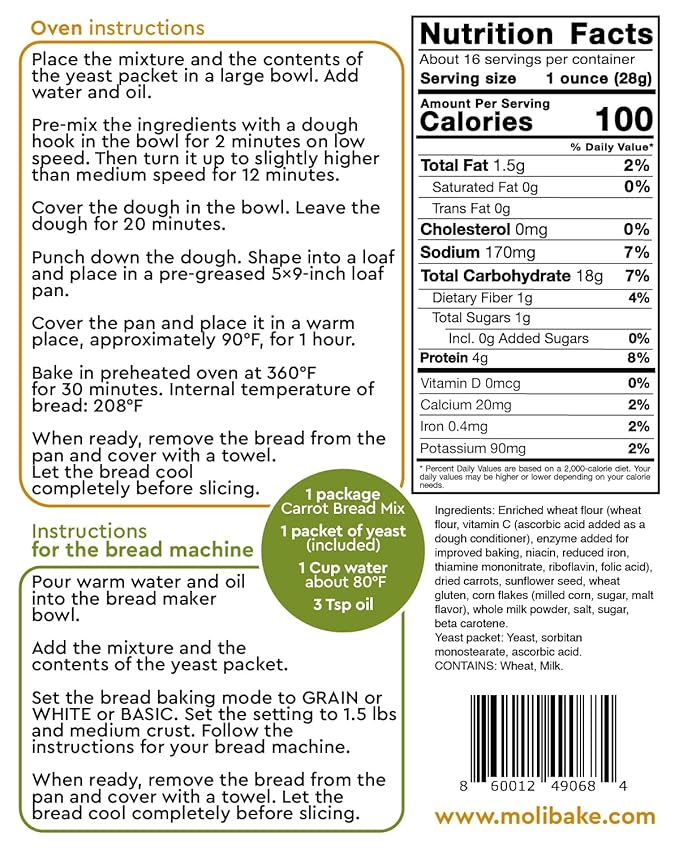 Molibake Carrot Bread Mix ??Pack of 2 - All-Natural Baking Mix for Bread Machine and Oven - 15 oz