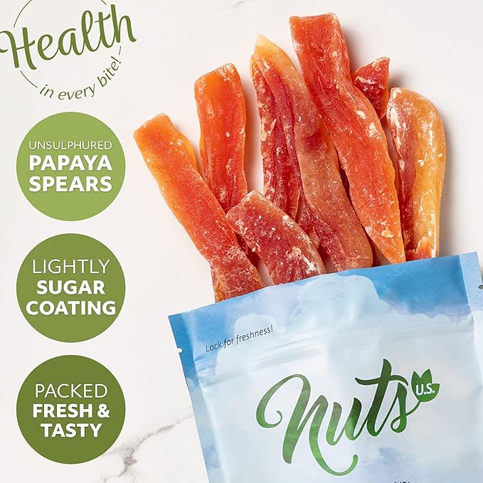 NUTS U.S. - Dried Papaya Spears (Unsulphured) | Low Sugar. Lightly Sugar Coated | No Color Added |