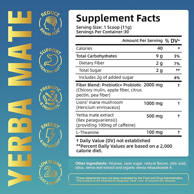 Yerba Mate Instant Tea Powder, Super Yerba MateTea for Natural Energy & Gut Health, Reduce Brain