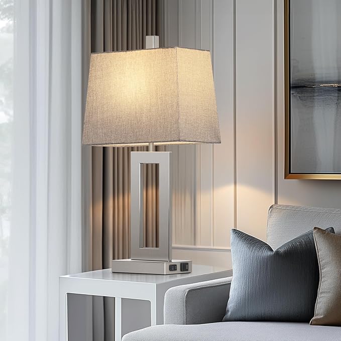 Touch Control Table Lamp Set of 2, Modern Silver Bedside Lamps with USB C+A Ports & AC Outlet, 3