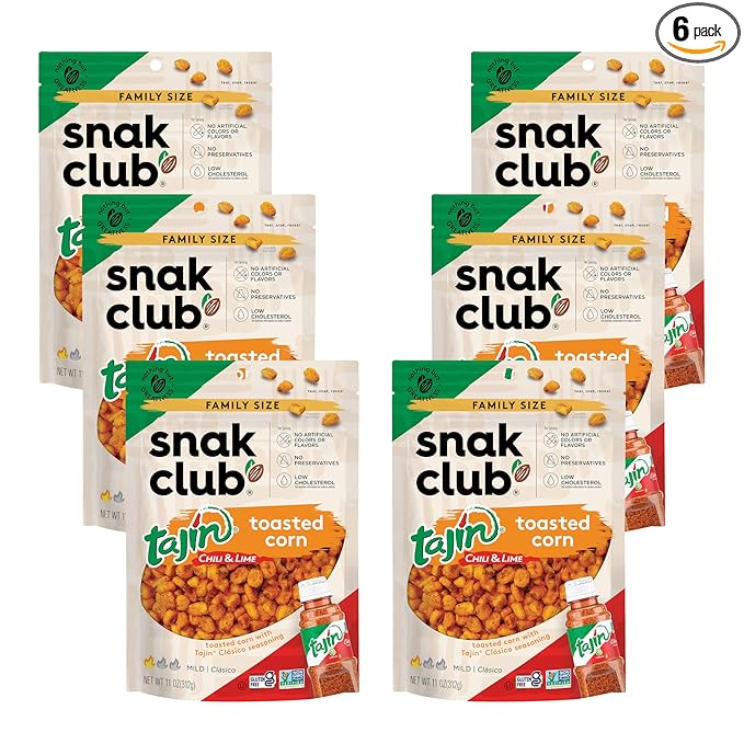 Snak Club Tajin Toasted Corn, Roasted Corn Nuggets with Chili and Lime Seasoning, Mild, Non-GMO