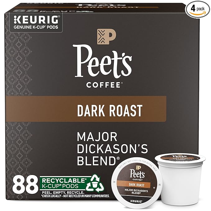 Peet's Coffee, Dark Roast Keurig K-Cup Pods - Major Dickason's Blend 88 Count (4 Boxes of 22 K-Cup