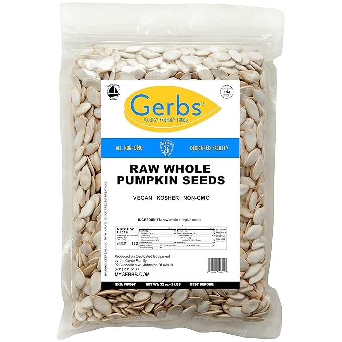 Gerbs Raw Whole Pumpkin Seeds 2 lbs. | In-Shell, 10.5 mm Size, Resealable Bag | Mildly Nutty &