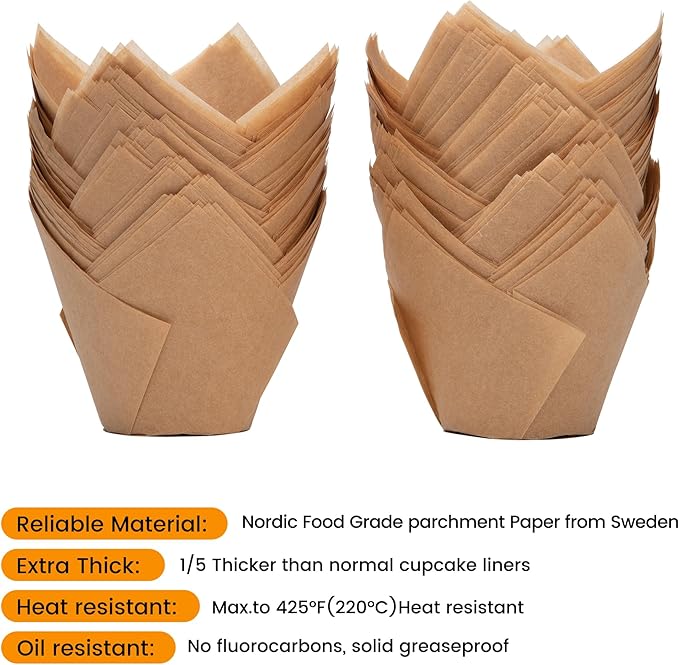 Nordic Paper 100pcs Large Size Natural Tulip Cupcake Liners for Baking, Large Muffin Liners
