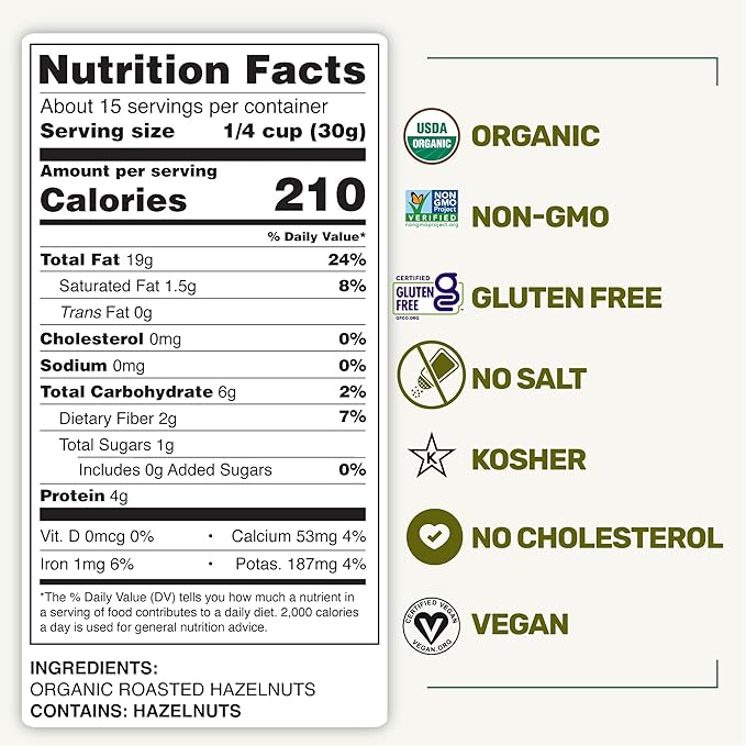 Happy Village Organic Roasted Hazelnuts, 16 OZ Resealable Bag, Roasted and Unsalted, USDA Organic