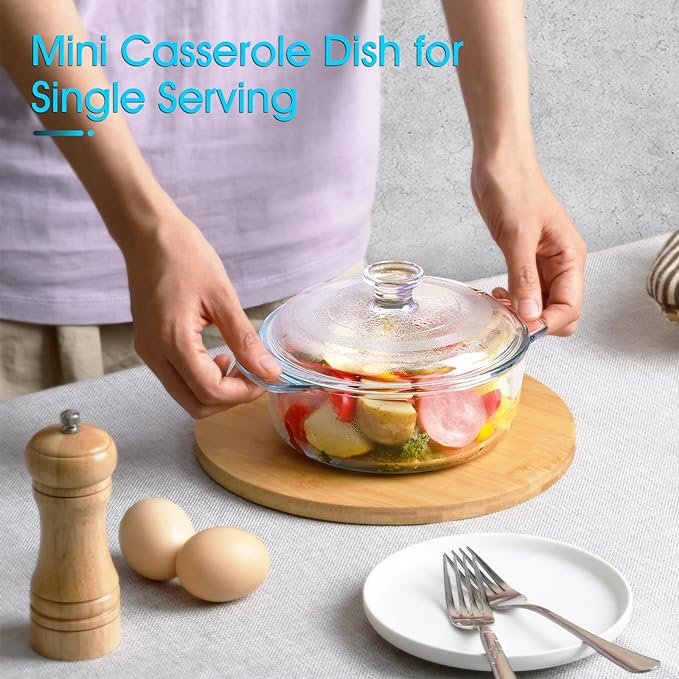 NUTRIUPS Mini Glass Casserole Dish with Lid Oven Safe Round Casserole Dish 6" Glass Baking Dish