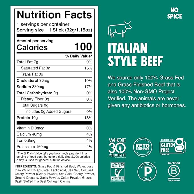 Chomps Grass-Fed and Finished Italian Beef Jerky Snack Sticks 10-Pack - Keto, Paleo, Whole30, 10g