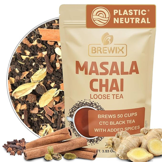 BREWIX, Masala Chai Tea Loose Leaf CTC TEA (50+ Cups, 3.53oz/100g) Strong Robust & Aromatic, All
