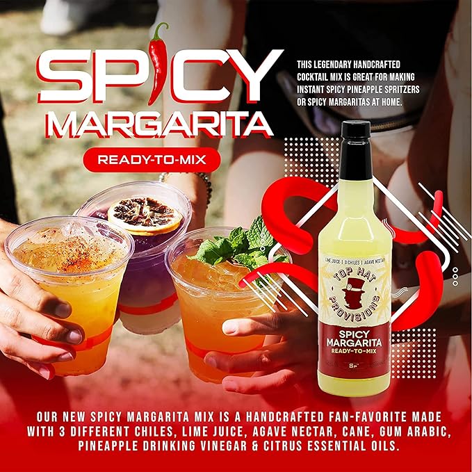 Top Hat Spicy Margarita Drink Mix - Handcrafted with 3 Chiles, Pineapple, Organic Agave Nectar &