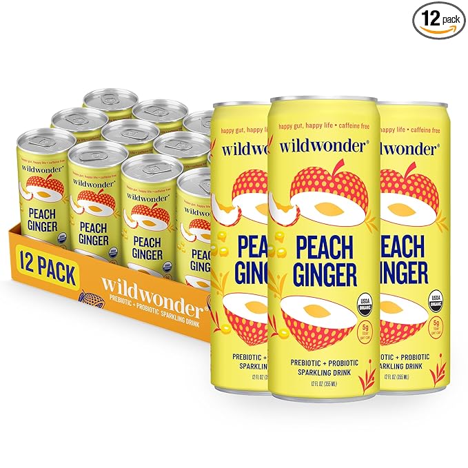 wildwonder Sparkling Probiotic Drink 12pk, For Gut Health & Immune Support, Peach Ginger, 5g