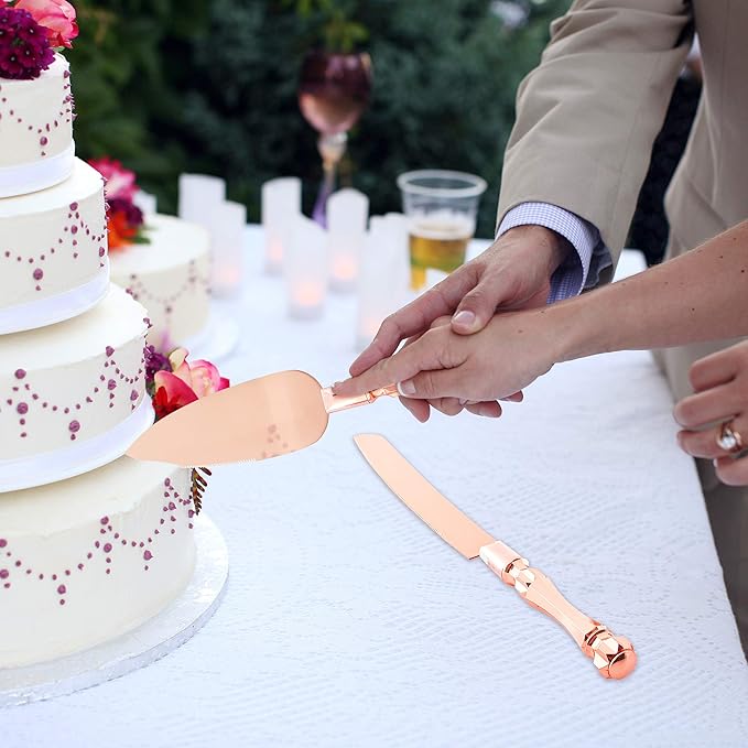 Homi styles Wedding Cake knife and Server Set | Elegant Rose Gold Color Premium 420 Stainless Steel