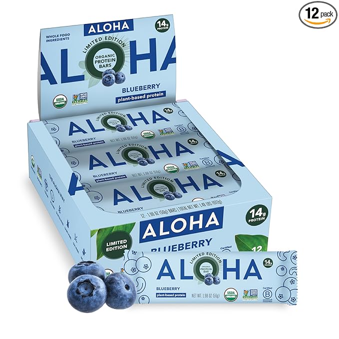 ALOHA Organic Plant Based Protein Bars - Blueberry Bars, Vegan, Low Sugar, Gluten-Free, Low Carb