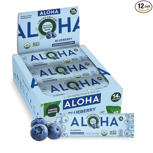 ALOHA Organic Plant Based Protein Bars - Blueberry Bars, Vegan, Low Sugar, Gluten-Free, Low Carb