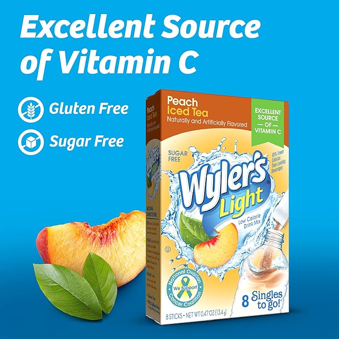 Wyler's Light Singles To Go Powder Packets, Water Drink Mix, 96 Single Servings, Peach Iced Tea, 7