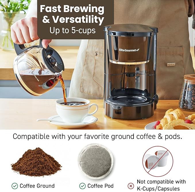 Elite Gourmet EHC-5055 Automatic 5-Cup Brew & Drip Coffee Maker with Pause N Serve Reusable Filter
