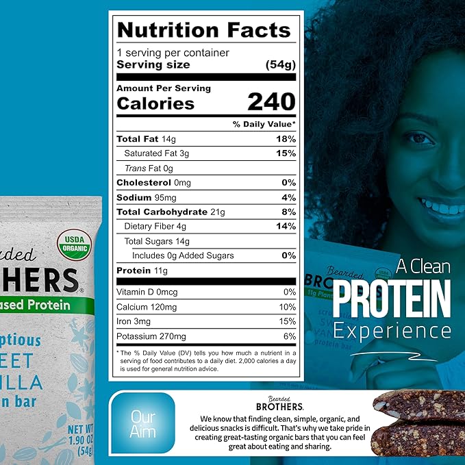Bearded Brothers Organic Protein Bars, Vanilla (10 Pack) - 11g of Plant Based Protein Gluten Free