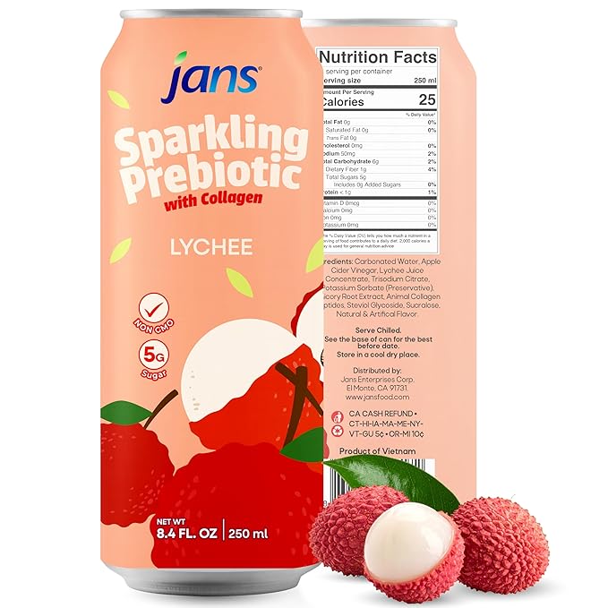 Jans Sparkling Prebiotic with Collagen Soda Beverage ??Lychee 8.4 Fl Oz (6-Pack) ??Low Calorie, NO