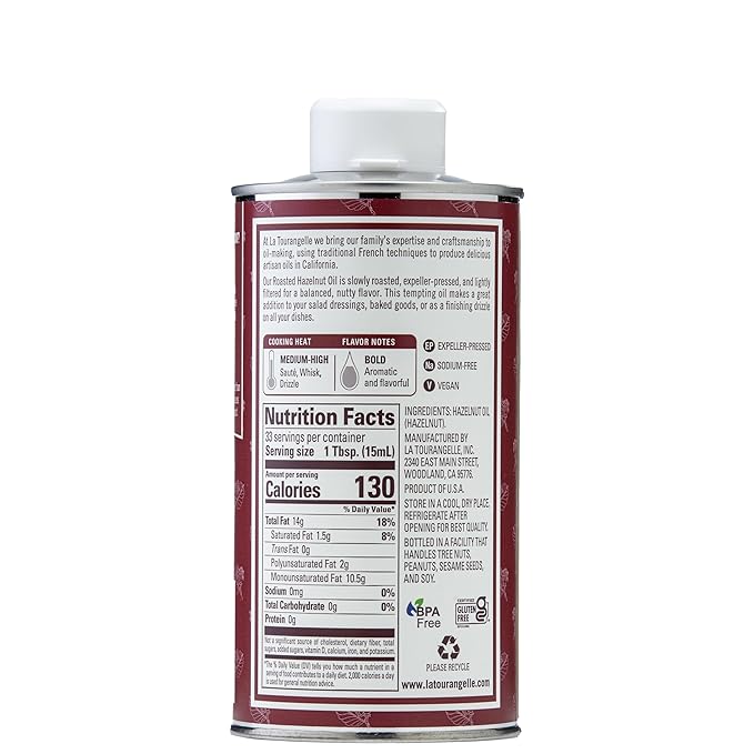 La Tourangelle Roasted Hazelnut Oil, High-Oleic Oil Great for Baking, Stir-Frying, and