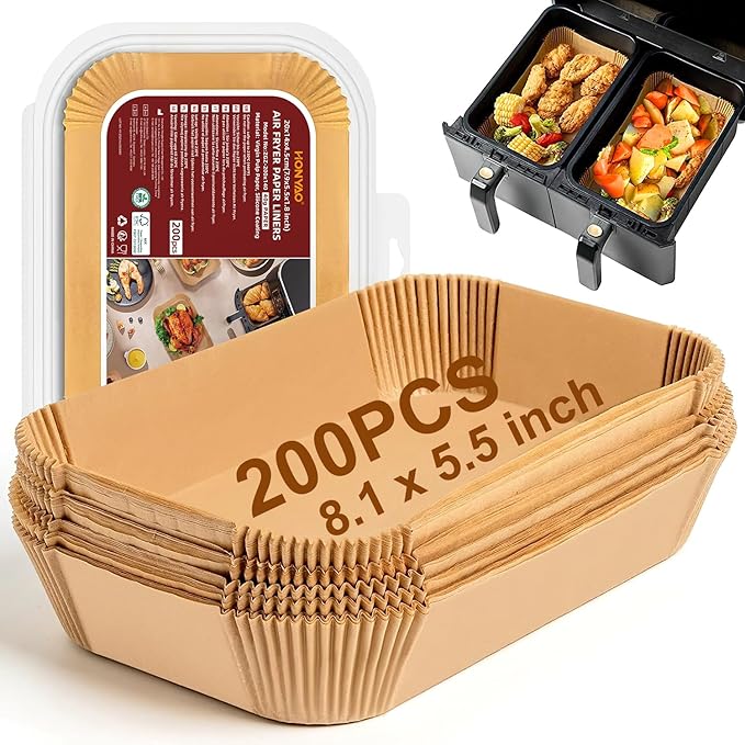 Air Fryer Paper Liners for Dual Zone Airfryer, 200pcs 8.1x5.5 inch Rectangle Disposable Inserts for