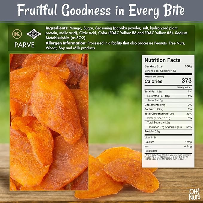 Oh! Nuts Dried Mango Sweet & Spicy - 1 lb - Sweetened Dried Fruit Slices - Packed in New York